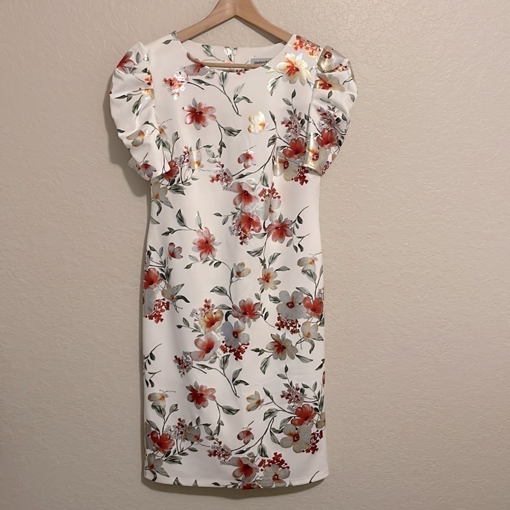 Shelby & Palmer Women’s White Floral Short Ruffle Sleeve Dress Size 8